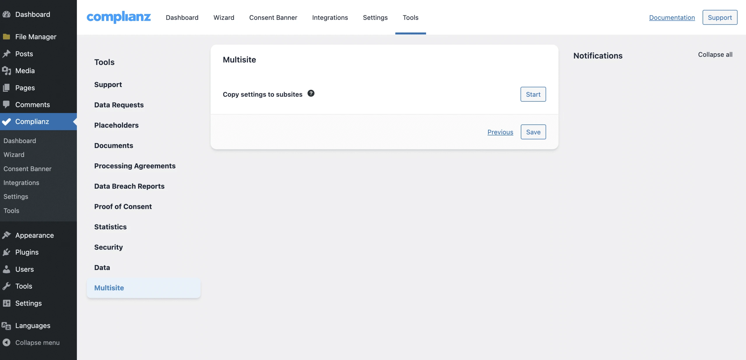 complianz plugin dashboard in wordpress website