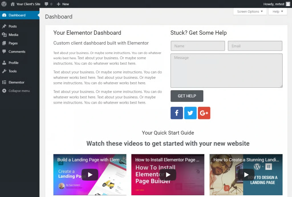 elementor wordpress website builder dashboard
