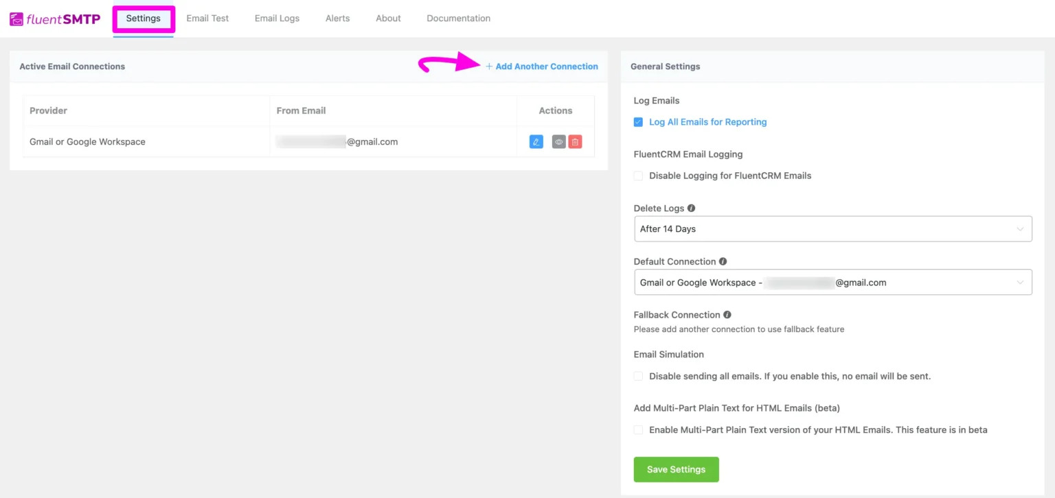 fluentsmtp dashboard in action