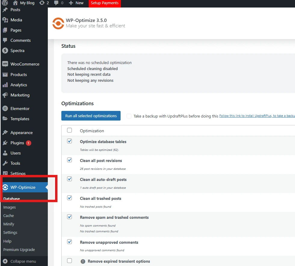 wp optimize plugin placement in wordpress website