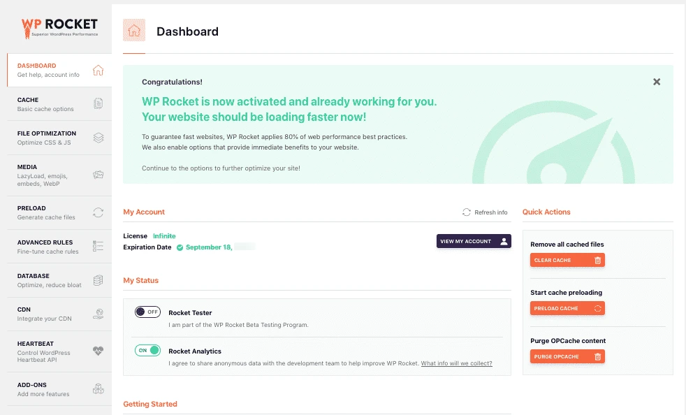 wp rocket dashboard 2025